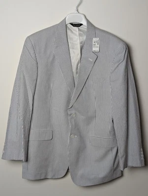 Jos. A. Bank 泡泡纱西装外套男式 43R 蓝色白色条纹棉质全新带标签 — 第 1/4 张图片