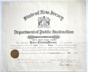 ANTIGUO 1917 CONDADO DE BERGEN N.J. DEPARTAMENTO DE INSTRUCCIÓN CERTIFICADO DE ENSEÑANZA 8º GRADO. - Imagen 1 de 4