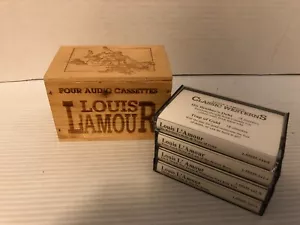 b LOUIS LAMOUR Set of 4 Western Audio Cassettes in Etched Wooden Box - Picture 1 of 3