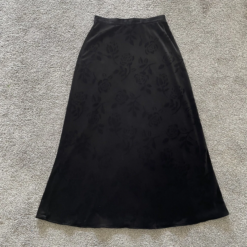 Vintage Whimsigoth Exact Change Midi Skirt Womens 9/10 Black Burnout Velvet Rose - Image 1 of 4