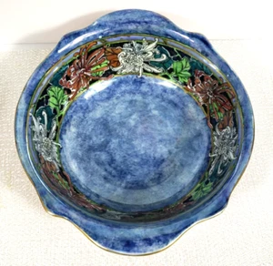 GRIMWADES Byzanta Ware Bowl Blue Patterned/Orange Lustre Ware Handled 9.25” - Picture 1 of 11