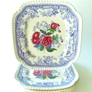 FOUR(4) SPODE MAYFLOWER SQUARE LUNCH PLATES LAVENDER AND WHITE FLORAL BEAUTIFUL - Picture 1 of 4