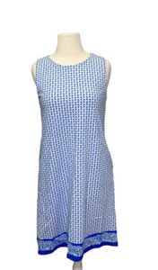 Jude Connally Melody A-Line Dress Womens Small Ditsy Border Blue White USA made - Picture 1 of 9