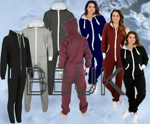 UNISEX MENS WOMENS HOODED 1ONESIE ONE PIECE PLAYSUIT PLAIN ALL IN 1 ZIPPED SUIT - Picture 1 of 17