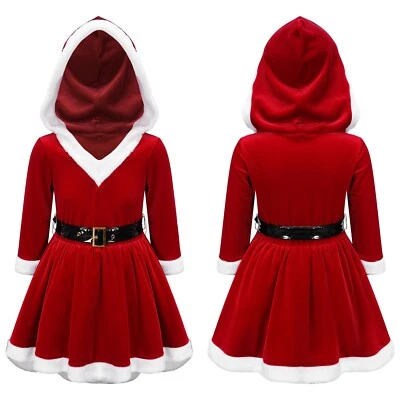 EE. UU. Niños Niñas Navidad Papá Noel Disfraz Navidad Terciopelo Vestido con Capucha con Cinturón Foto 1 de 3