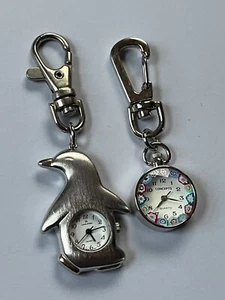 Lot of Silvertone Penguins & Faux Millefiori Round Watch Key Chains or Backpack - Picture 1 of 10