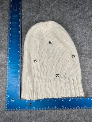 Victoria's Secret Beanie Toque 女式 OS 白色针织丙烯酸混纺珠宝闪亮 — 第 1/4 张图片