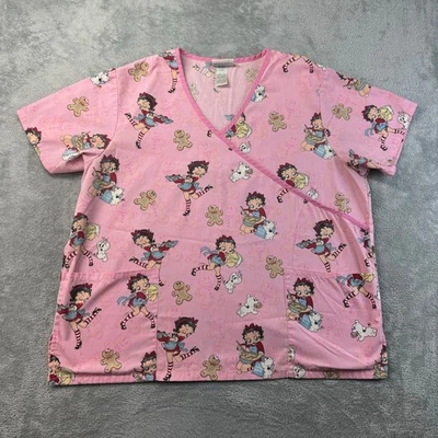 Betty Boop Scrub Top Women's Extra Large Pink Gingerbread Short Sleeve Pockets - Image 1 of 4