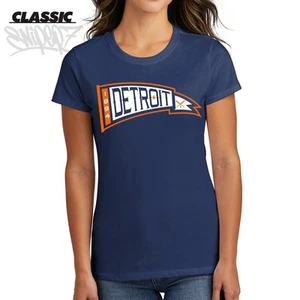 Detroit Vintage Baseball Pennant Navy Classic Ladies T-Shirt - Tigers Mlb Womens - Picture 1 of 3