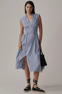 Anthropologie Tommie Cap-Sleeve Smocked Front-Zip Shirt Dress Shine Edition XL - Picture 1 of 5