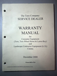 Toro Service Dealer Warranty Manual For Consume Equipment Claims 2000 - 492-4724 - Picture 1 of 2
