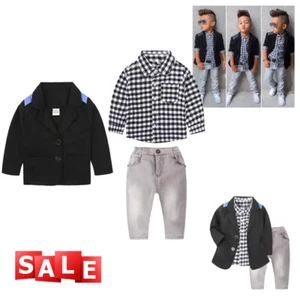 3PCS Baby Boys Dress Suit Coat+Plaids Shirt+Denim Pants Set Kids Clothes Outfits - Picture 1 of 12