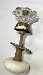 TWO Antique Door Knobs - White Porcelain, Clear Glass With Rosette - Picture 1 of 7