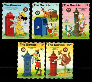 Gambie 1986 - Disney - Mail de Noël - Lot de 5 Timbres - Scott #644-8 - Neuf dans son emballage