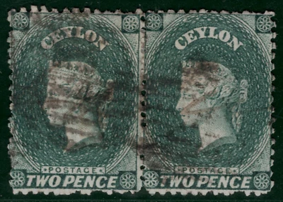 CEYLON QV PENCE ISSUE Classic SG.50var 2d Deep Grey-Green Shade PAIR Used SBB53 - Image 1 of 4