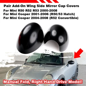 Gloss Black Manual RHD Side Wing Mirror Cap Covers For Mini Cooper R50 2000-2008 - Picture 1 of 3