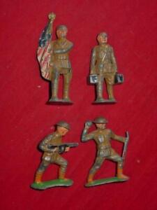 (4) VTG Barclay Manoil Lead Figures - WW1 US DOUGHBOY SOLDIERS Flag MG Ammo Gren