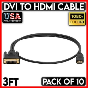DVI to HDMI Cable 3 FT DVI-D Male Plug to HDMI Male Plug Cord Monitor PC 10PCS - Picture 1 of 5