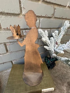 Vintage Rustic Metal Woman Silhouette Holding Candlestick 12” Tall - Picture 1 of 10