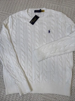 NWT Polo Ralph Lauren Men’s Cable Knit Cotton Crewneck Sweater  White LARGE - Image 1 of 4