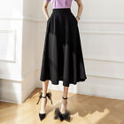 Women High Waist Midi Skirt Pockets Pleated Swing A Line Work Office Loose