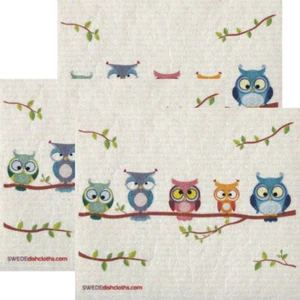 Owl Friends Set of 3 each Swedish Dishcloths | ECO Friendly Absorbent Cleaning C - Picture 1 of 1