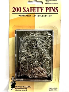 200 Ct Nickel Safety Pins, Asst. Sizes (7/8" to 1 1/2") Reusable Storage Case - Picture 1 of 3