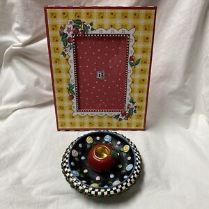 Mary Engelbreit Picture Frame & resin Candle Holder checkered cherries