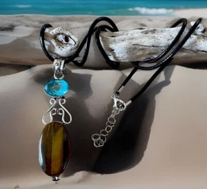 Tigers Eye & Blue Topaz Crystal Gemstone Pendant necklace -925 Silver Plated New - Bild 1 von 3