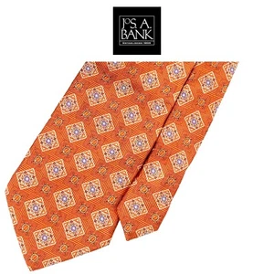 JoS. A. Bank Peach Tie - Peach Grey White Medallion Geometric Pattern 100% Silk - Picture 1 of 12