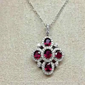 2Ct Oval Cut Red Ruby & Diamond Cluster Pendant Necklace 14K White Gold Over - Picture 1 of 5