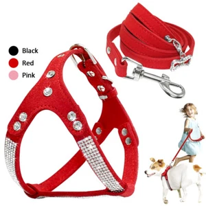 Rhinestone Dog Harness and Leash Set Soft Suede Leather for Small Medium Dogs - Picture 1 of 21