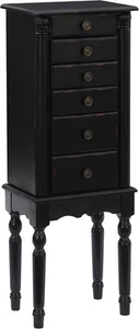 Petite Distressed Black Jewelry Armoire with Mirror, Drawers & Hidden Storage - Picture 1 of 12