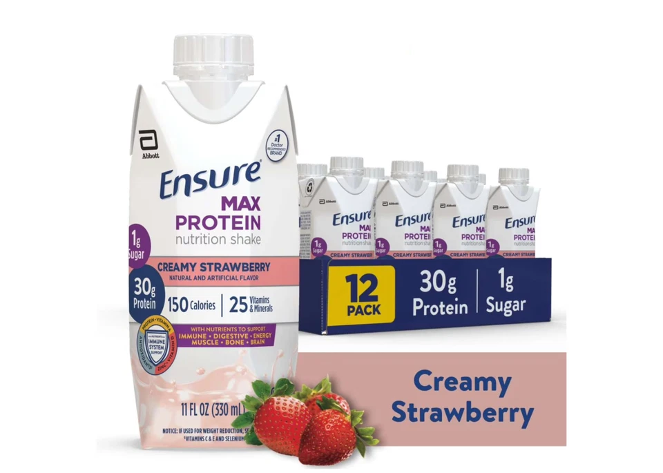 Batido de proteínas Ensure Max, 30 g de proteína, fresa cremosa, 11 fl oz, paquete de 12 Foto 1 de 1