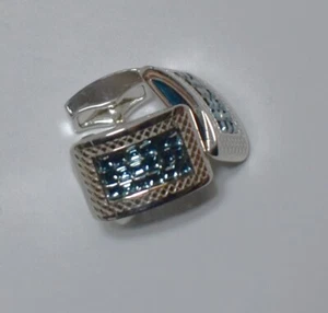 Gemelli Tateossian rettangolari in metallo argento con cristalli Swarovski azzurri - Foto 1 di 7