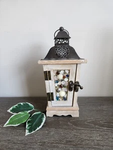 Lantern decorated w/colorful rocks shells glass centerpiece White 10" retro deco - Picture 1 of 10