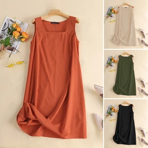 ZANZEA UK Womens Sleeveless Square Neck Sundress Cotton Linen A Line Midi Dress