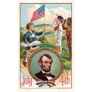July Fourth Abraham Lincoln Black & White Children with American Flag Postcard - Bild 1 von 2