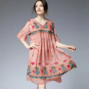 Women's Flare Sleeve Loose Dress Midi Long Chiffon Embroidery Dresses Plus Size - Picture 1 of 15