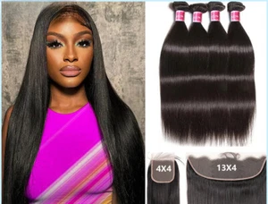 Paquetes de cabello liso con tejido de cabello brasileño frontal con frontal con 13X4 - Imagen 1 de 8