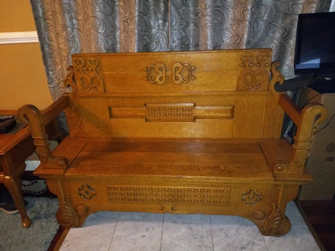 Vintage Oak Carved Bench with Storage, 61 L x 19 W x 41 T, Large Solid Oak Cover