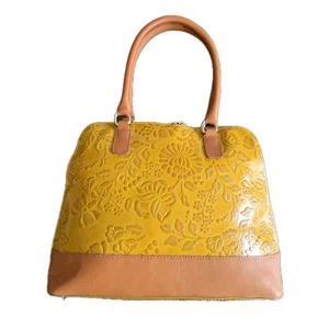 Bolso Valentina Floral Tooled Dos Tonos Amarillo Marrón Cuero Genuino Hecho en Italia - Imagen 1 de 22