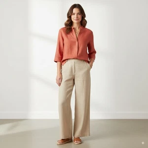 Eileen Fisher Women M Linen Silk Coral Blouse 3/4 Sleeve Lightweight Minimalist - Picture 1 of 12