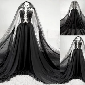 Black Long Sleeve Lace Gothic Wedding Dresses Tulle Black Bridal Gowns Custom - Picture 1 of 9