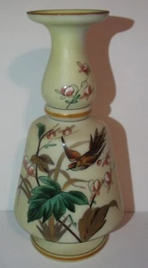 Victorian Hand Enameled Satin Custard Glass Vase with Detailed Bird Design - Picture 1 of 12