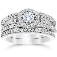 Halo anillo nupcial del Compromiso Banda Set 1.01 CT Diamante Real joyas de oro blanco 14K