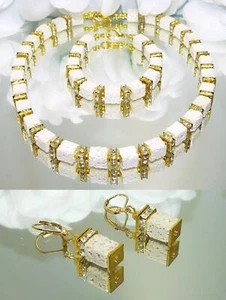 3er Schmuckset Halskette Ohrringe Armband Würfel Cube Lava weiß Strass gold 304i - Picture 1 of 7