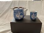 Japanese Tea Set, Teapot w/4 Cups blue w/White Bamboo Floral design New In Box