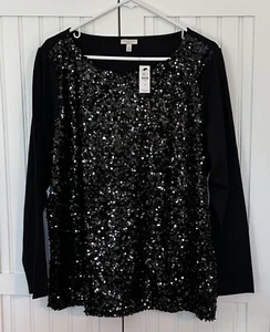 Neu mit Etikett Talbots Größe 1X schwarz Pailletten Langarm Oberteil Bluse - Bild 1 von 6