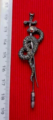 Antica spillone- Marcasite -argento 925 spada e serpente- cm.  7,1 - Immagine 1 di 2